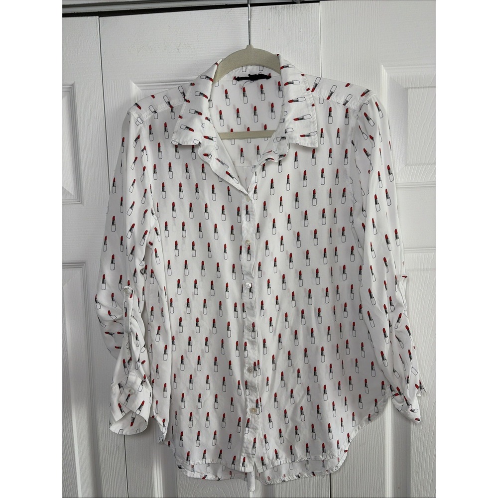 Jane + Delancey Lipstick Print Button Down Womens Size L White Novelty Top